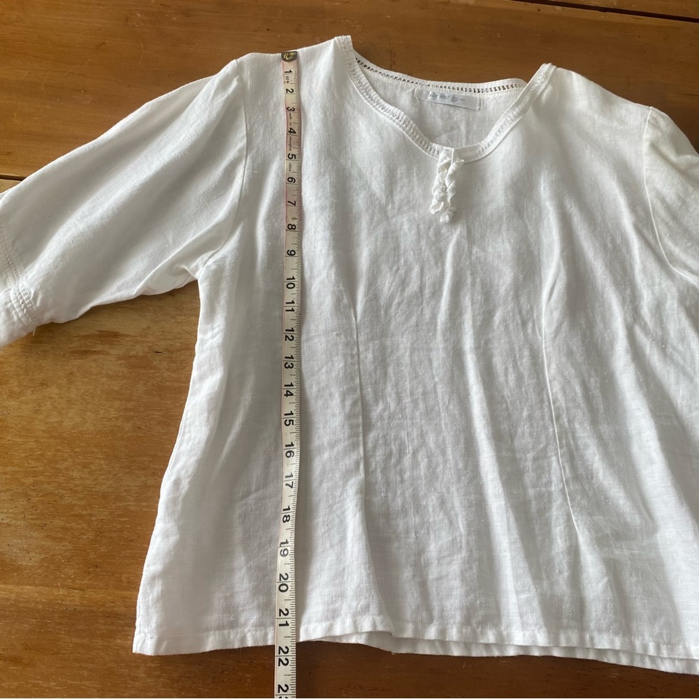 100% Linen Vintage White Short Sleeve Top Eyelet Trim Cottagecore Coastal Small - Picture 13 of 13